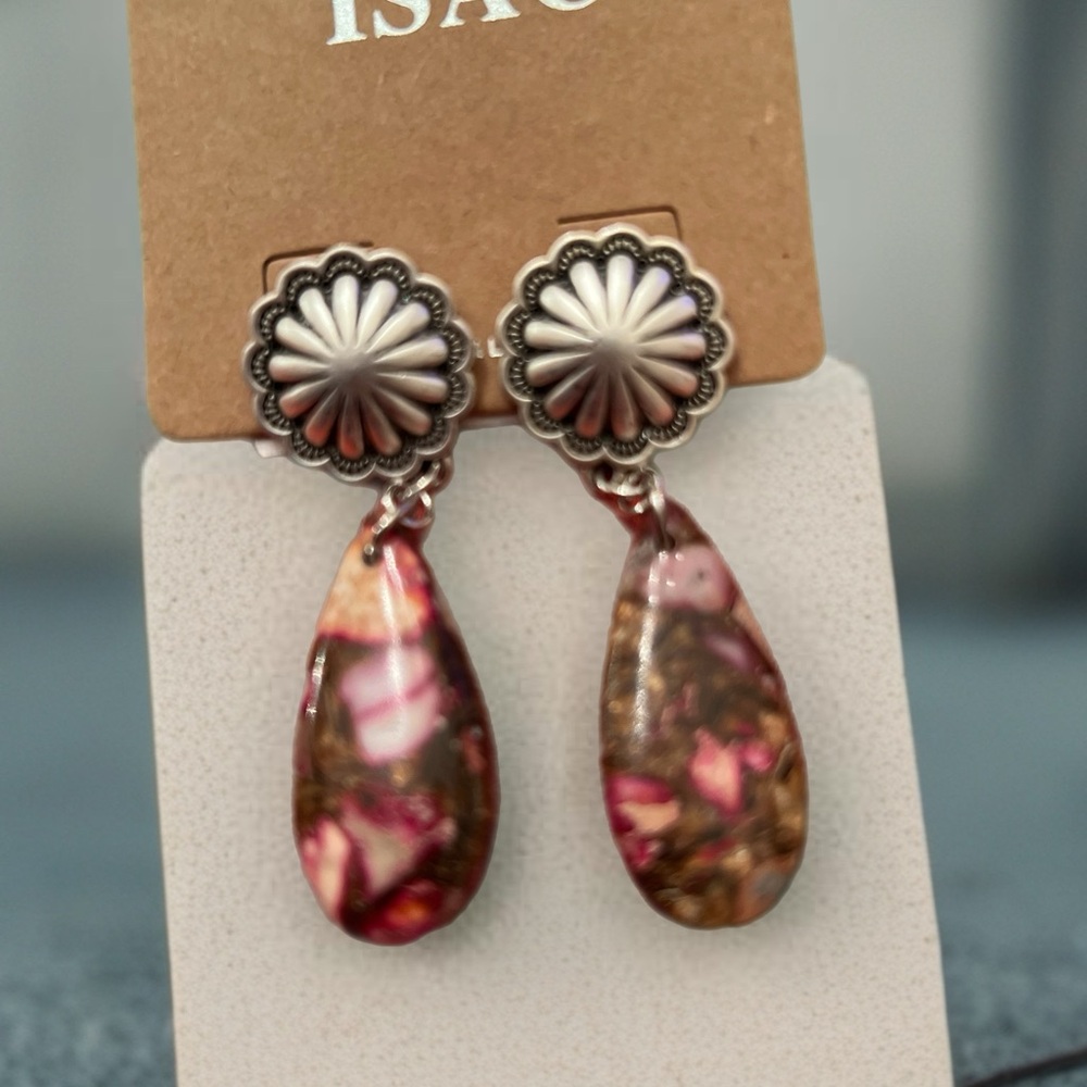 ISAC Western/Bohemian Silver Concho and Gemstone Teardrop Stone Earrings
